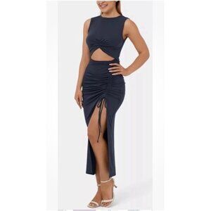 Halara Dress Extra Small Navy Twisted Cut Out Ruched Midi Drawstring , Slit, NWT